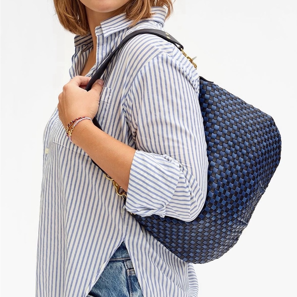 Clare V Moyen Messenger in Dark Blue, Woven Checker Navy Shoulder Bag